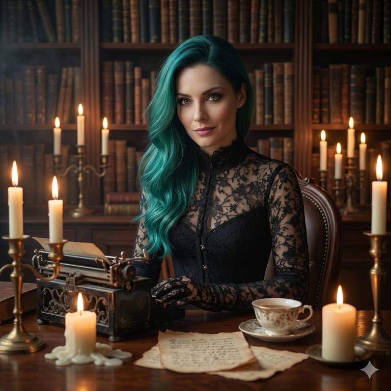 Vesper Blackwood at an ornate antique typewriter surrounded by candles and a teacup in a candlelit Victorian study.