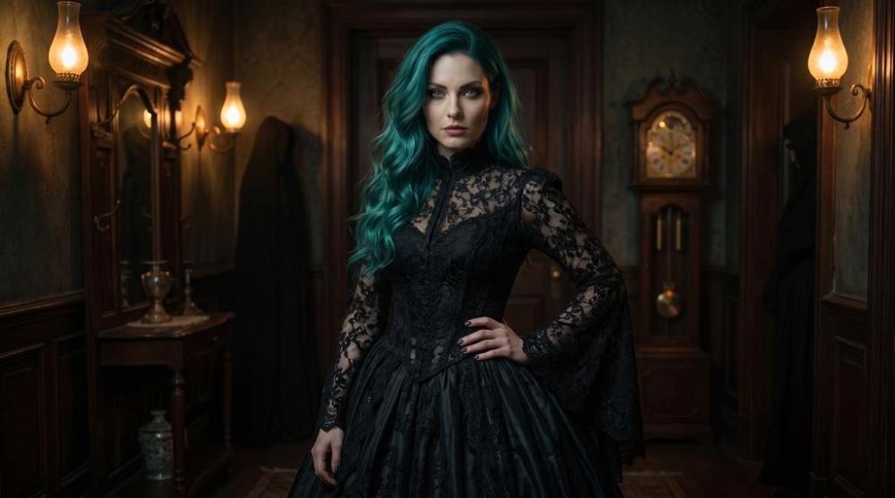 Vesper Blackwood, teal-haired gothic horror author in a black lace gown, standing in a dimly lit Victorian manor foyer with grandfather clock and oil lamps.