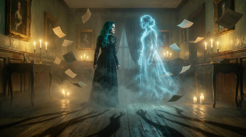 Vesper Blackwood facing a luminous translucent female ghost in a candlelit Victorian parlor, manuscript pages swirling in midair.