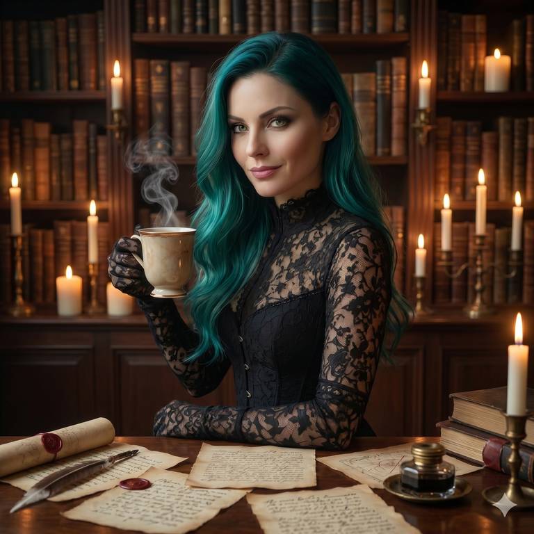 Vesper Blackwood holding a porcelain teacup at a desk strewn with manuscript pages and quills, candlelit study with floor-to-ceiling bookshelves behind her.